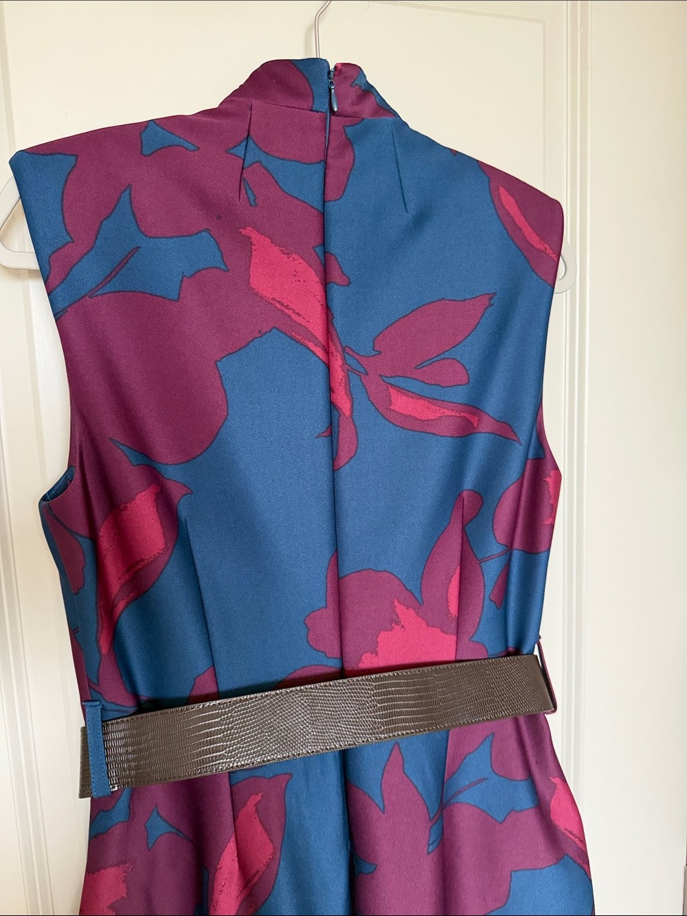 Donna Karan Blue and Berry Floral Sleeveless Midi Dress with Belt - Picture 5 of 10